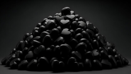 A large pile of black hearts on a dark background