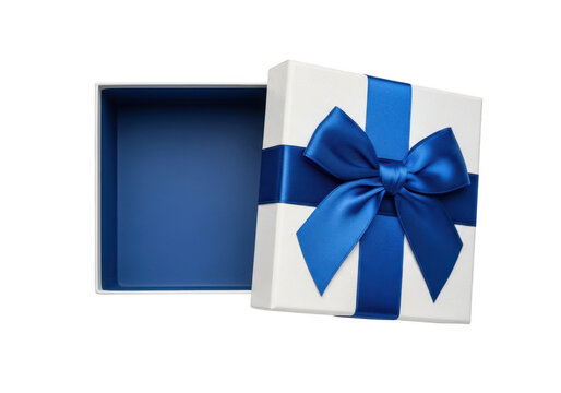 Open white gift box with blue ribbon isolated on transparent background