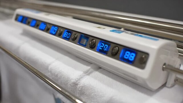 Closeup medium frame showing automatic chemical dosing controls adjusting bleach and fabric softener levels during a wash cycle.