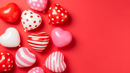 A collection of heart-shaped balloons in various pink and red colors and patterns on a solid red background