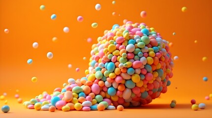 Recycling on a orange background with small, colorful round fragments