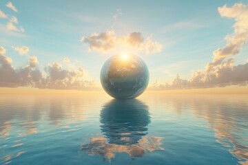 Sunrise over tranquil ocean with reflective globe in the horizon