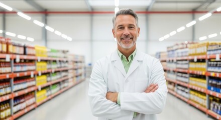 Fototapeta premium Smiling mature male pharmacist in a white lab coat with arms crossed in a brightly lit pharmacy