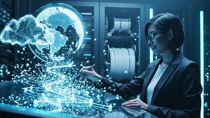 Woman analyzes hologram globe with network data in futuristic server room. IT specialist works with globe hologram. Woman touches network data display. Server room with digital globe visualization. - Powered by Adobe