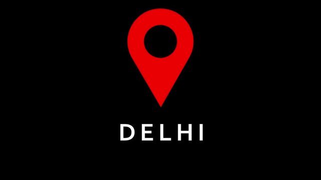 Red location pin icon above text Delhi on black background map marker navigation