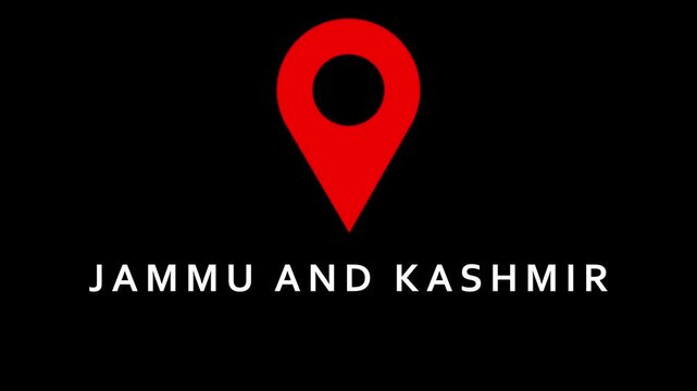 Red location pin icon above text Jammu and Kashmir on black background map marker navigation