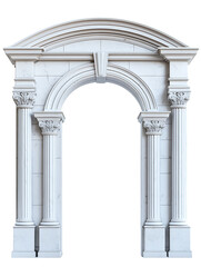 Naklejka premium Grand white stone archway featuring double corinthian columns and a central keystone for architectural design isolated on transparent background