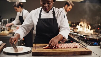 Chef slices salmon with precision in professional kitchen setting