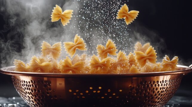 Cooked pasta draining farfalle bow-tie cascading colander dramatic lighting steam droplets culinary motion photography