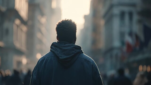 Man in a blue jacket standing in a city street with buildings