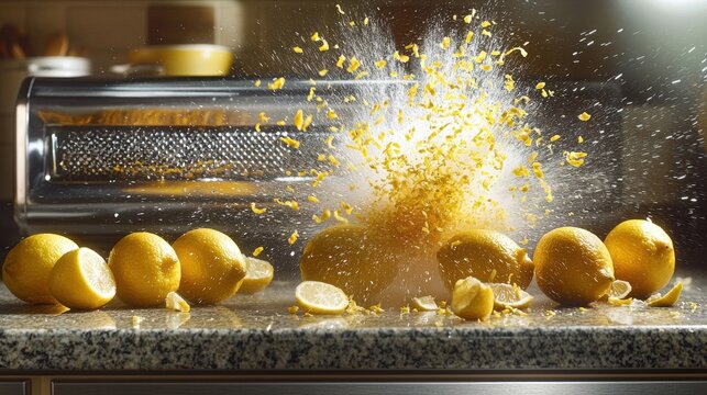 Lemon zest spray explosive cloud handheld citrus zester grater fresh yellow lemons concentrated burst fine particles dynamic kitchen action granite countertop