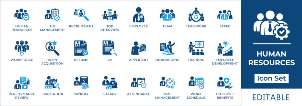 Human resources management icon set featuring recruitment, employee onboarding, talent acquisition, payroll, performance review, workforce planning, and staff development symbols.