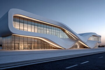 Fototapeta premium Modern building design in evening light near city street