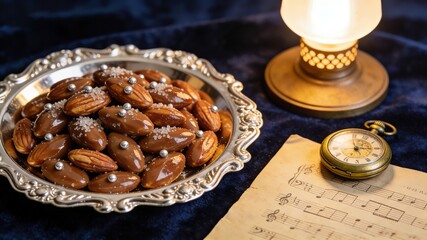 Caramel Coated Almonds on Silver Tray with Lantern and Vintage Watch
