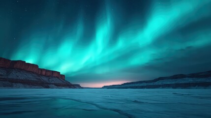 Obraz premium A stunning night sky illuminated by vibrant green auroras over a tranquil frozen landscape, creating a serene and magical atmosphere.