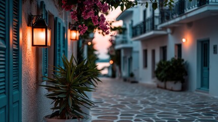 Evening in greece streets with white buildings and lanterns