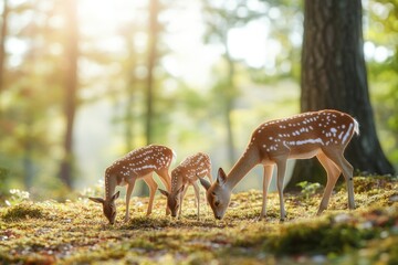 Three fawns forage in a sunlit forest clearing during early morning hours