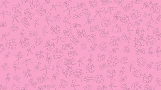 Pink stick figure pattern, random objects scattered. Suitable for backgrounds, social media, stationery, and childrens designs. Cute and creative.