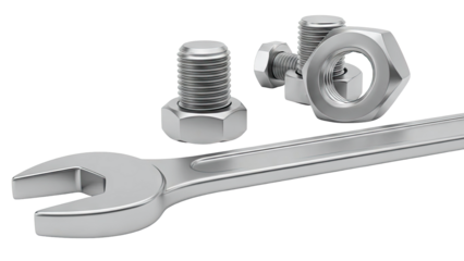 Wrench, Nuts, and Bolts on a White Background