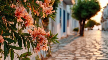 Flowers bloom on street in greek island village at sunset