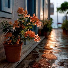 Orange flowers in pot decorate street in Mykonos, Greece
