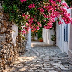 Beautiful greek alleyway with pink bougainvillea in the spring