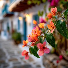 Bougainvillea flowers overhang a street in mykonos, greece