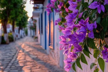 Bougainvillea flowers on white wall in Aegean Village at Sunset