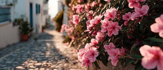 Pink flowers bloom along a cobblestone street in Greece