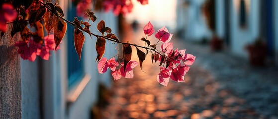 Bougainvillea flowers bloom in Greece during Golden Hour