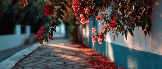 Bougainvillea flowers hang over a cobblestone street in greece