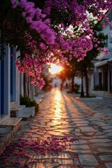 Bougainvillea blooms over cobblestone street in Mykonos