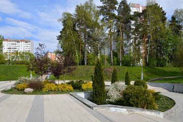 A landscaped city square in Zelenograd, Moscow, Russia