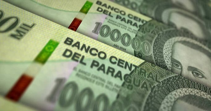 Paraguay guarani Paraguayan money banknote loop. 100000 PYG money texture. Concept of economy, business, crisis, banking, recession, debt and finance. Moving over note loopable seamless 3d.