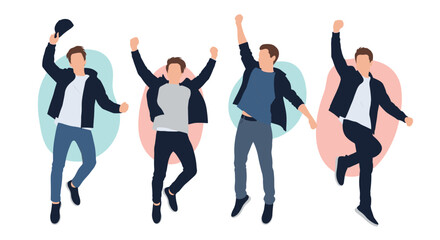 Obraz premium Silhouettes of four joyous people jumping in the air with their arms raised against colorful circular backdrops in a celebration.