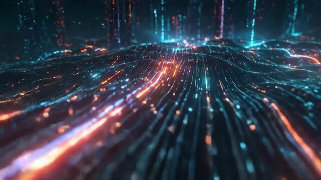 Abstract digital landscape with glowing lines and dots, representing data flow and connectivity.