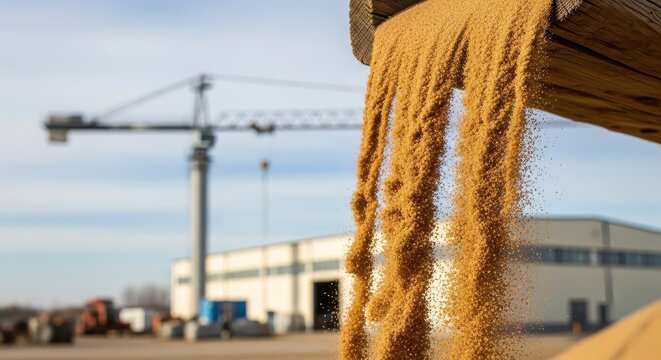 Grain being poured from a container near an industrial building outdoors, showcasing material transfer and bulk handling