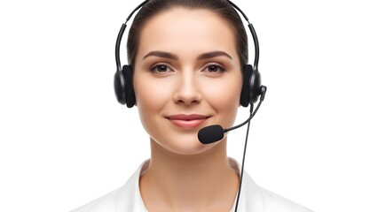 A portrait of a confident customer service representative, headset perfectly positioned, embodies approachability and expertise. Her gentle smile radiates warmth and reassurance.