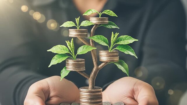 Hands nurturing coin tree with symbol of growing wealth and investment success.