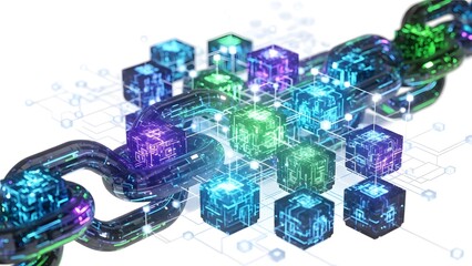 A digital blockchain of interconnected blocks, symbolizing data integrity, security and encryption.