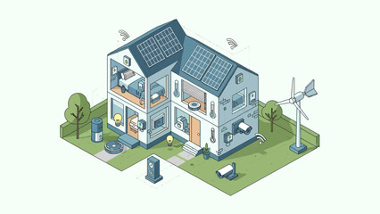 Isometric Sustainable House with Solar Panels and Wind Turbine 1.