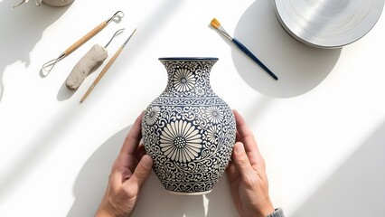A close-up view presents a craftsman's hands carefully holding an ornate, handcrafted vase, complemented by an assortment of pottery tools, casting a shadow on a bright, smooth surface.