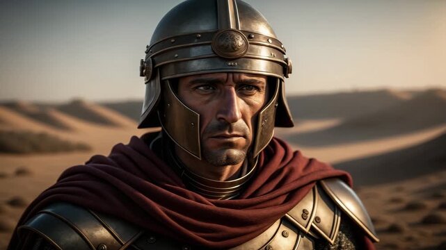 Cinematic portrait of an ancient Roman warrior in the desert. A stoic soldier in a helmet and armor with a determined expression. Historical strength and leadership concept