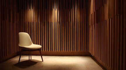 Quiet focus room, acoustic wood slats, minimalist chair, soft carpet, warm dim lighting, calm atmosphere