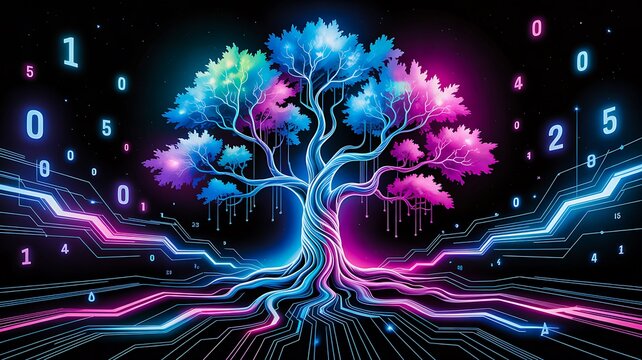 Digital technology tree symbolizing data growth and artificial intelligence