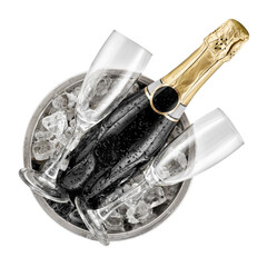 Bottle with two glasses rests on top of champagne buckets with ice isolated on white. Top view