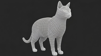 3D wireframe model of a domestic cat standing on a dark background, showcasing its geometric mesh structure.