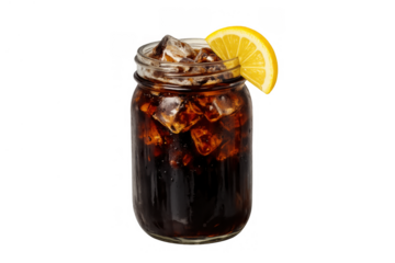 Cold carbonated drink with ice and lemon slice in a glass mason jar on transparent background