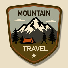 Mountain travel badge featuring a hiker, tent, and forest landscape in vintage flat style. Suitable for travel branding, hiking logos, outdoor clubs, and adventure merchandise.