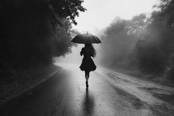 Silhouette of woman with umbrella in rainy night street. AI image